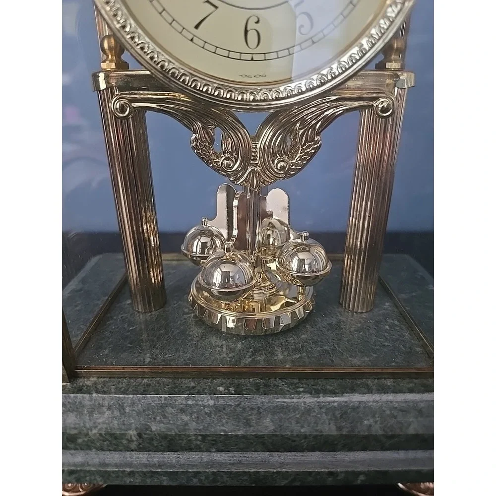 Vintage Commodore Quartz Mantel Clock Marble Brass Rotating Pendulum Not WORKING